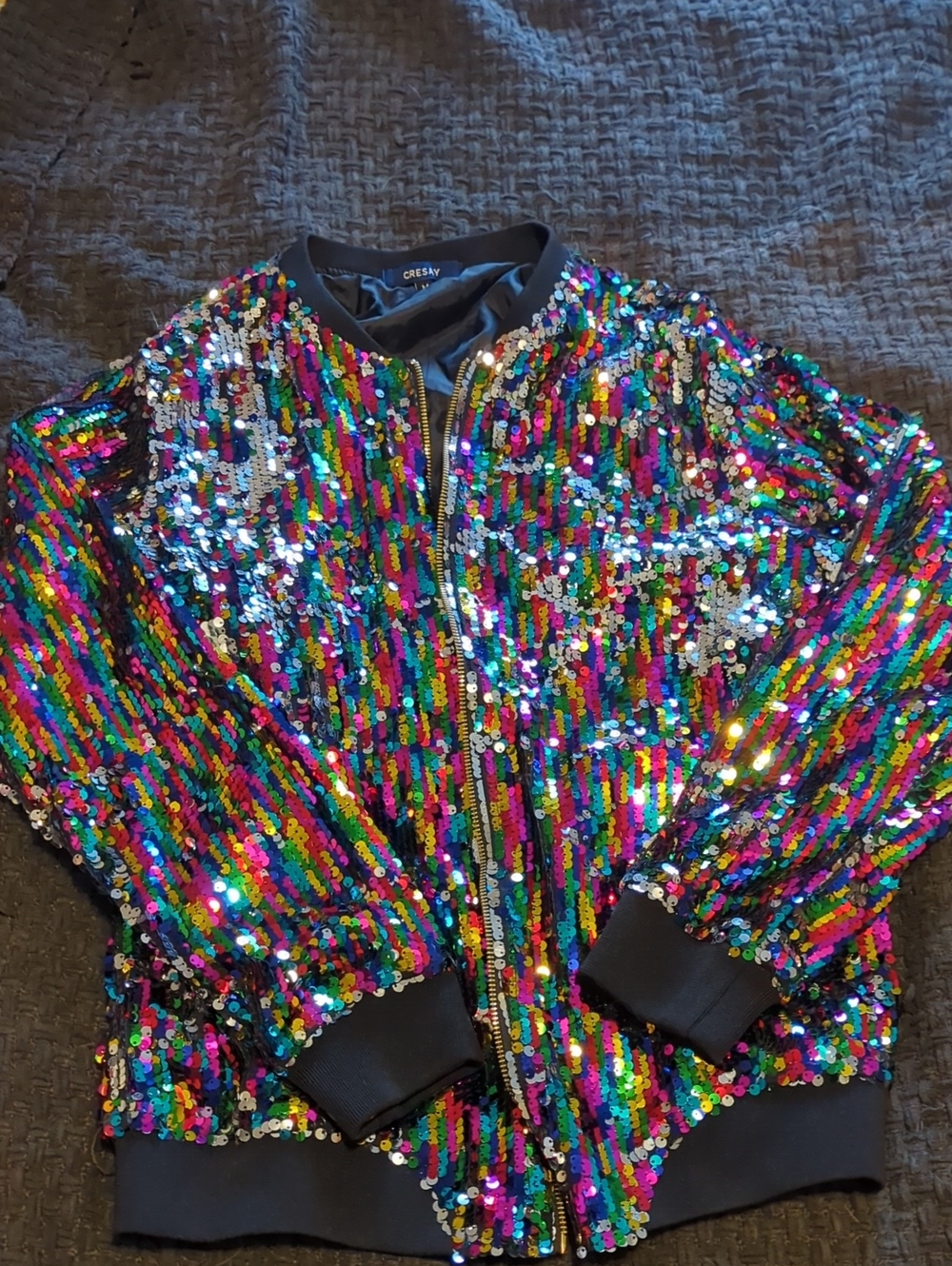 Rainbow Sequin Bomber Jacket with Black Trim